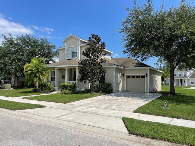 view of front of home with central AC, a garage, and a front lawn