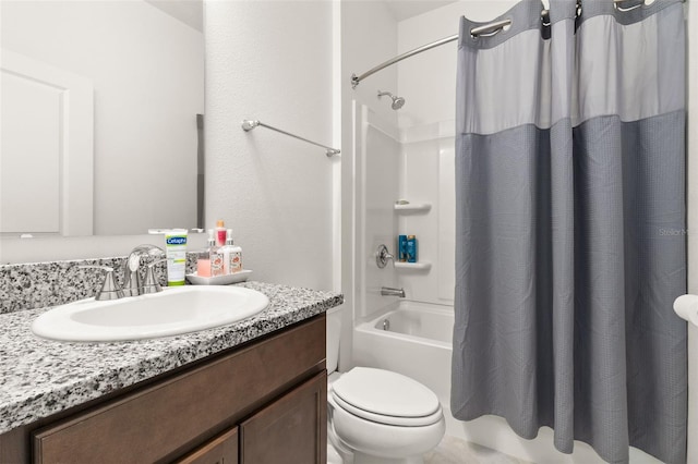 full bathroom with toilet, shower / tub combo with curtain, and vanity