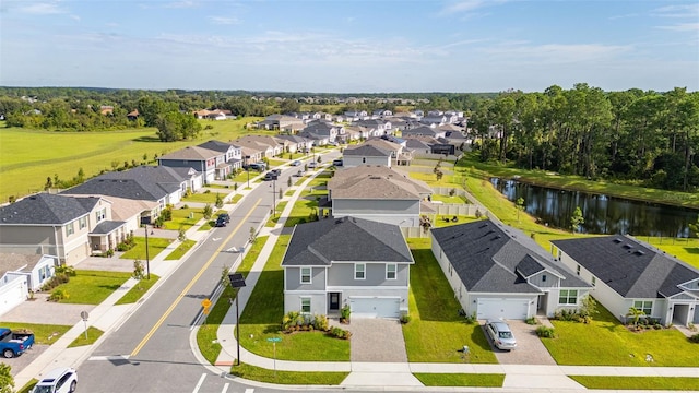 bird's eye view with a water view