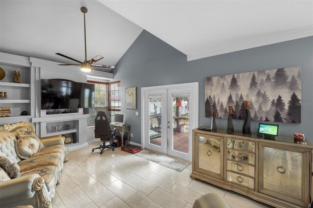 living room with ceiling fan, french doors, lofted ceiling, and light tile patterned floors