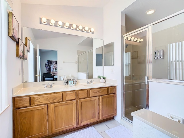 bathroom with an enclosed shower, lofted ceiling, vanity, and tile patterned floors