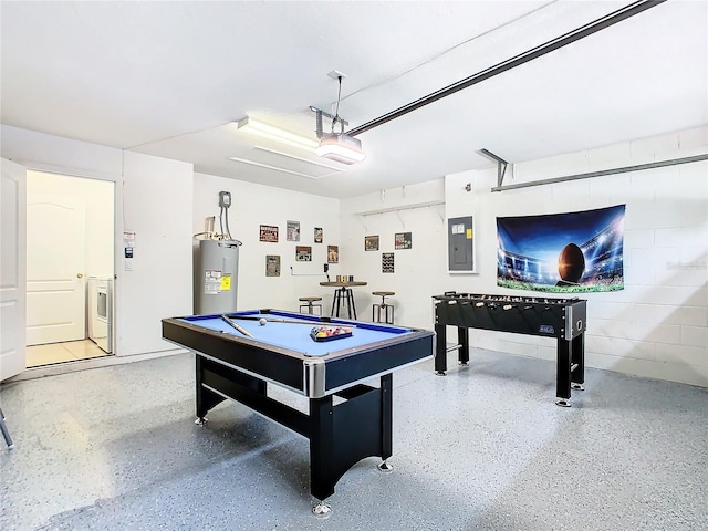 game room with washer / clothes dryer, electric panel, water heater, and billiards