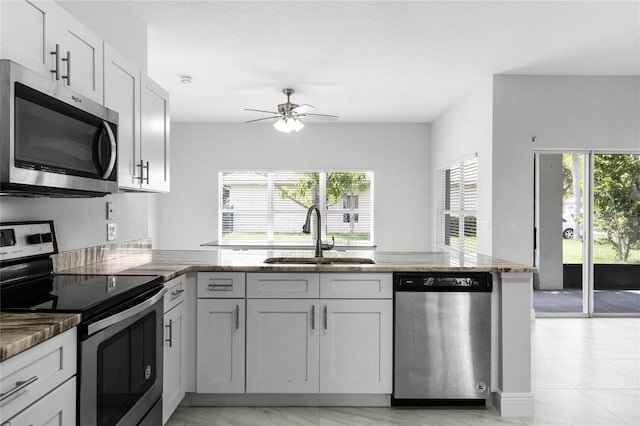 kitchen featuring stainless steel appliances, sink, kitchen peninsula, ceiling fan, and white cabinets