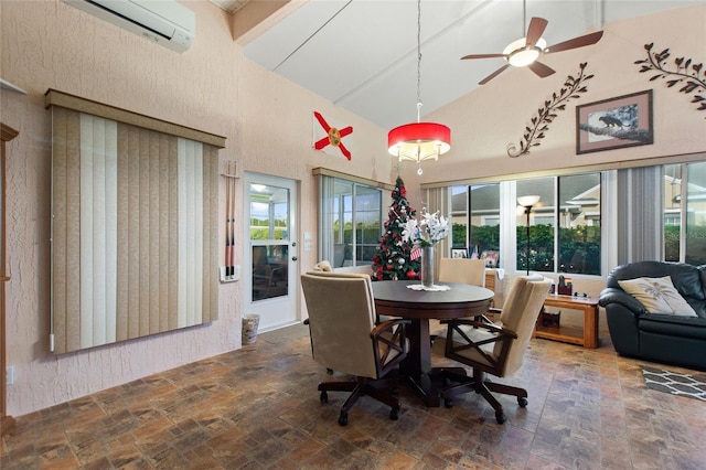 dining space featuring high vaulted ceiling, an AC wall unit, and a ceiling fan