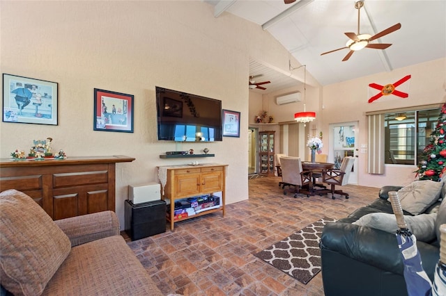 living area with brick floor, high vaulted ceiling, a ceiling fan, and a wall mounted AC