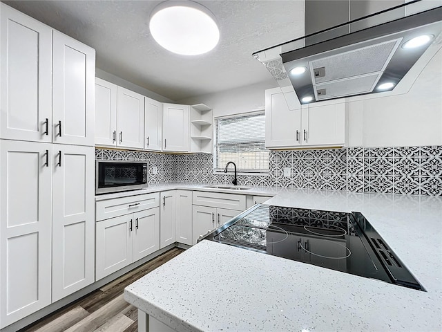 kitchen with white cabinets, stainless steel microwave, wood finished floors, open shelves, and a sink