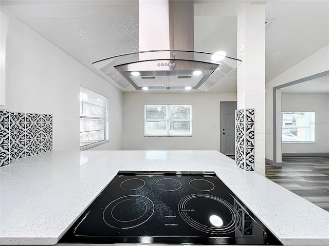 interior details featuring wood finished floors, stove, island exhaust hood, and light stone countertops