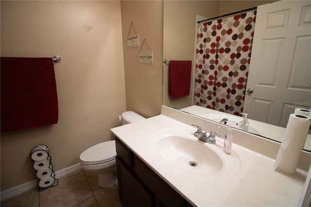 bathroom featuring vanity, tile patterned flooring, toilet, and a shower with shower curtain