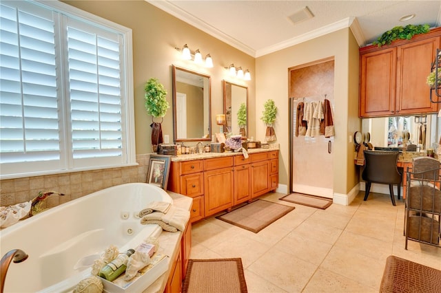 bathroom with ornamental molding, a stall shower, vanity, tile patterned flooring, and a tub with jets