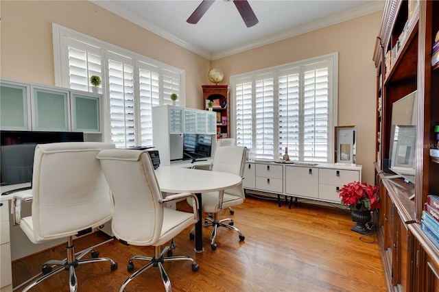 office space featuring ornamental molding, light wood-style floors, and a ceiling fan