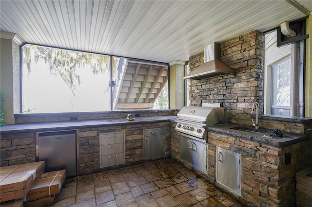 view of patio featuring exterior kitchen, area for grilling, and a sink