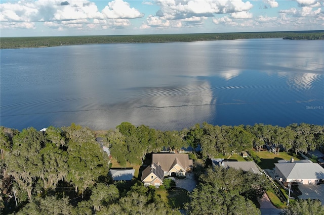 drone / aerial view featuring a water view