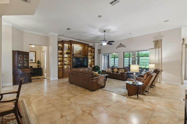 living room with ceiling fan, ornamental molding, and light tile patterned floors