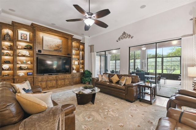 tiled living room featuring ceiling fan and ornamental molding