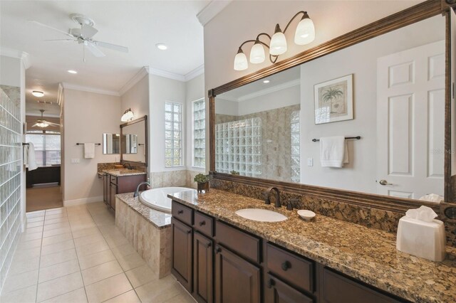 bathroom featuring ceiling fan, independent shower and bath, tile patterned flooring, vanity, and crown molding