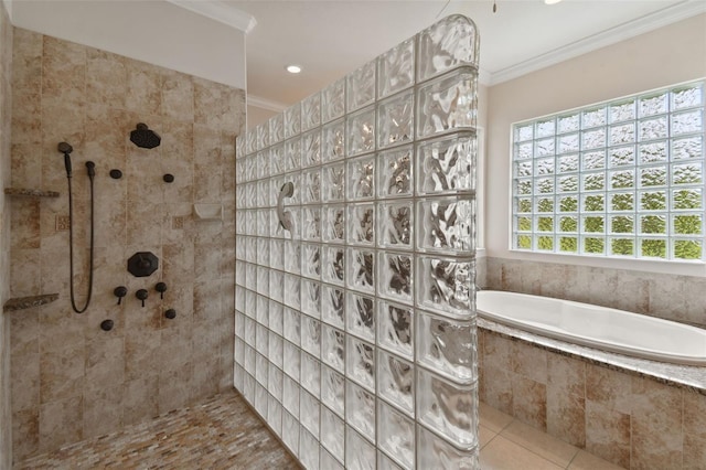 bathroom featuring tile patterned floors, shower with separate bathtub, and ornamental molding