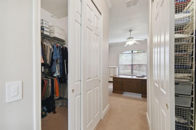 spacious closet featuring ceiling fan and light colored carpet