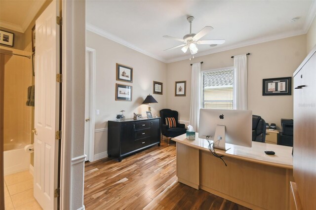 office space featuring ceiling fan, hardwood / wood-style floors, and ornamental molding