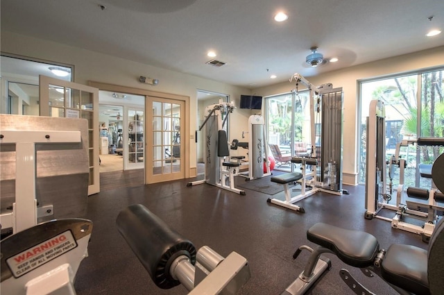 workout area featuring french doors, a healthy amount of sunlight, and ceiling fan