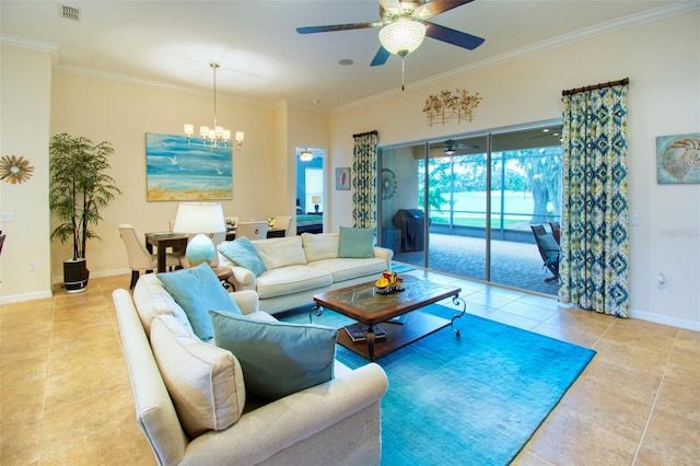 tiled living room with ceiling fan with notable chandelier and ornamental molding