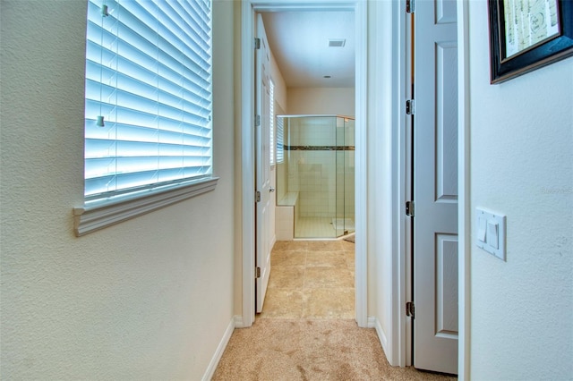 hallway with light colored carpet