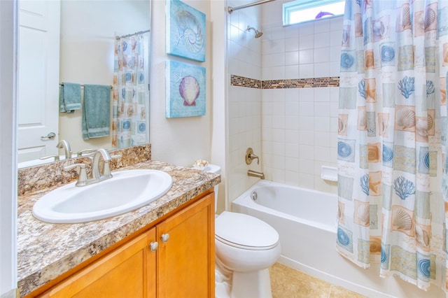 full bathroom with vanity, toilet, shower / tub combo, and tile patterned floors