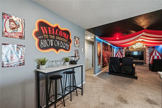 interior space with carpet flooring, an inviting chandelier, and a textured ceiling