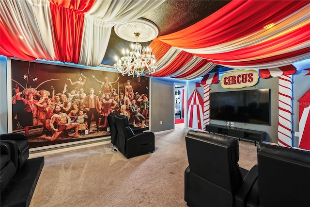 cinema room featuring carpet flooring and an inviting chandelier