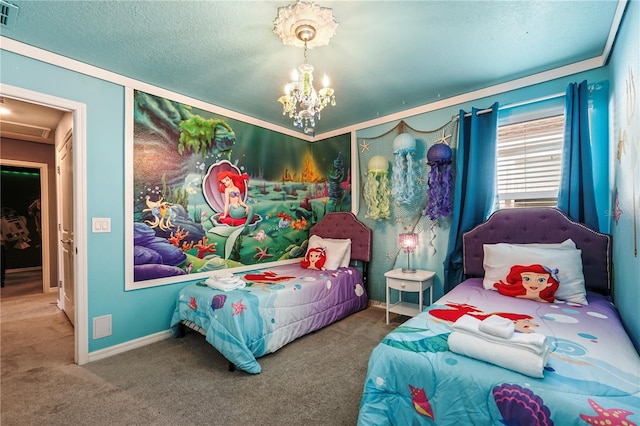 carpeted bedroom with a textured ceiling and a chandelier