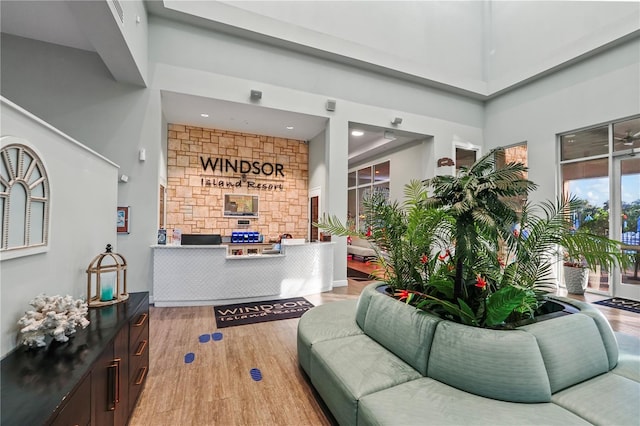 living room featuring a towering ceiling and light hardwood / wood-style flooring