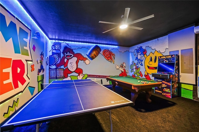 game room with ceiling fan and pool table