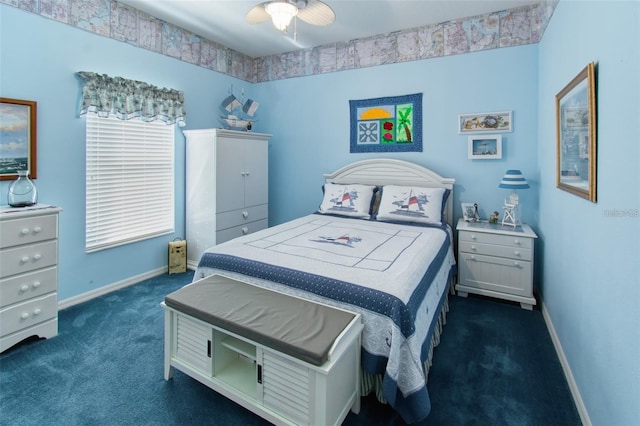 carpeted bedroom featuring ceiling fan