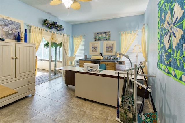 office area featuring ceiling fan and light tile patterned floors