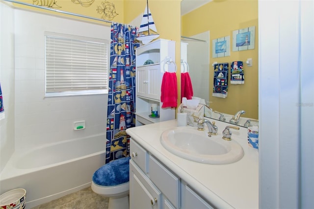 full bathroom with toilet, vanity, shower / bath combo with shower curtain, and tile patterned floors