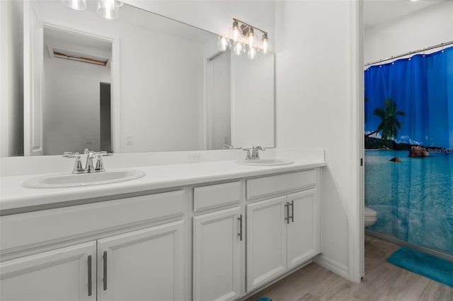 bathroom with wood-type flooring, vanity, and toilet