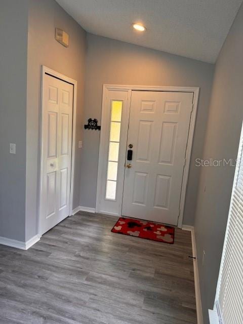 entryway with vaulted ceiling and hardwood / wood-style floors