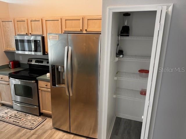 kitchen with light hardwood / wood-style flooring, appliances with stainless steel finishes, and light brown cabinetry