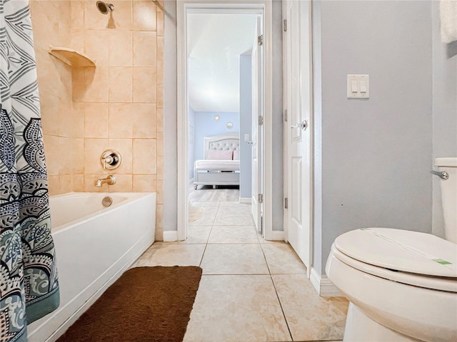 bathroom with tile patterned floors, shower / tub combo, and toilet