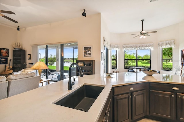 kitchen with dark brown cabinets, a healthy amount of sunlight, sink, and ceiling fan