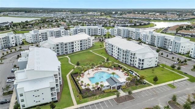 drone / aerial view featuring a water view