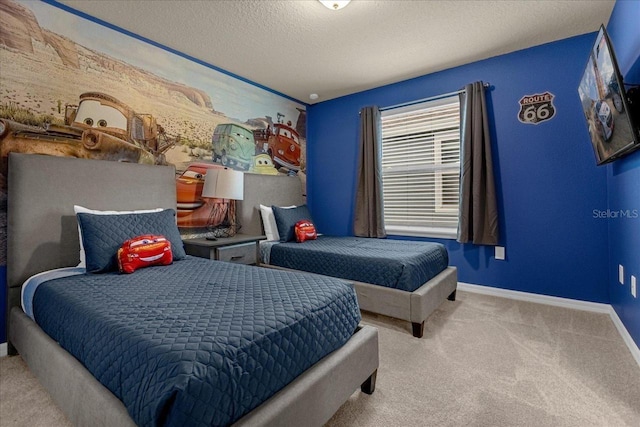 carpeted bedroom with a textured ceiling