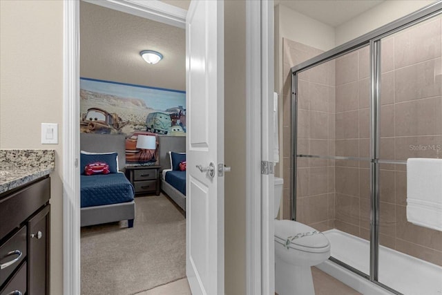 bathroom with walk in shower, toilet, a textured ceiling, and vanity