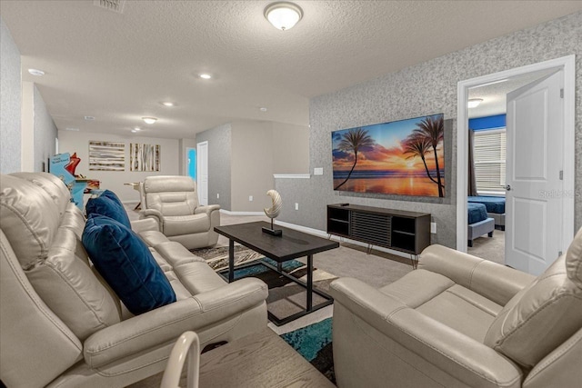 living room featuring a textured ceiling