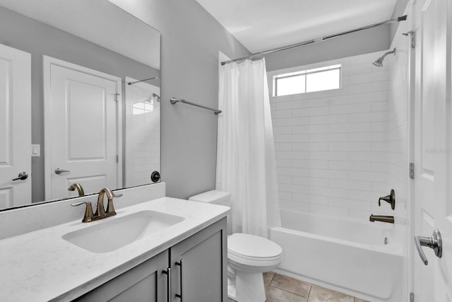 full bathroom with shower / bathtub combination with curtain, vanity, toilet, and tile patterned flooring