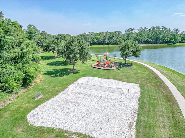 view of property's community featuring a water view and a lawn