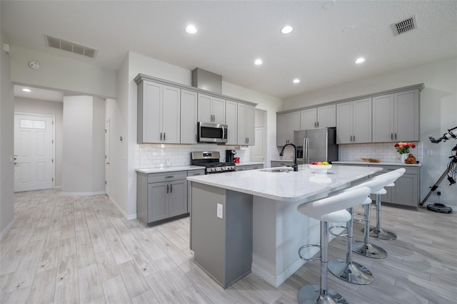 kitchen featuring gray cabinetry, light hardwood / wood-style flooring, a kitchen island with sink, stainless steel appliances, and sink