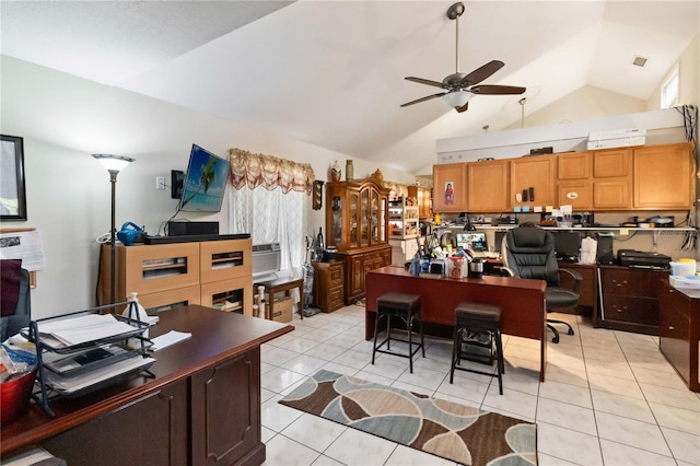 tiled office space with high vaulted ceiling and ceiling fan