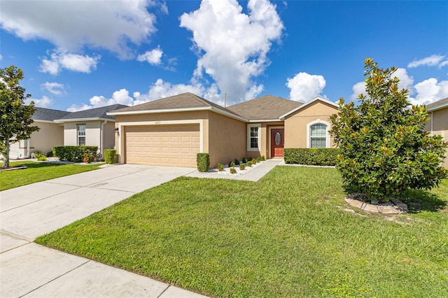 ranch-style home featuring a garage and a front lawn