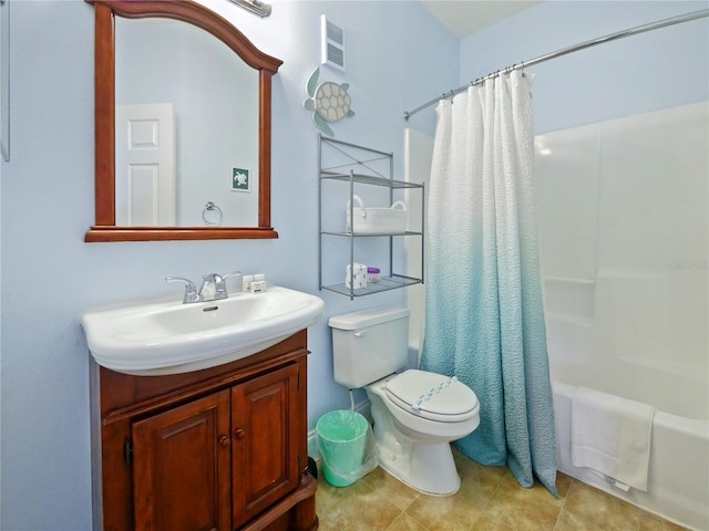 full bathroom with shower / bath combination with curtain, toilet, and vanity