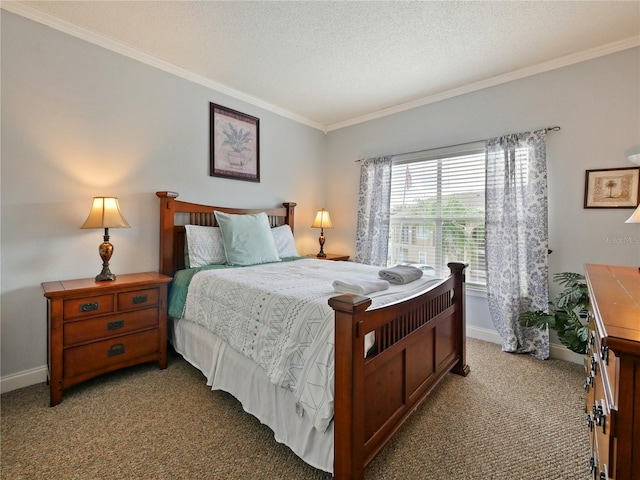 carpeted bedroom with a textured ceiling and ornamental molding